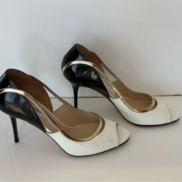 Jimmy Choo White and Gold Peep Toe Heels